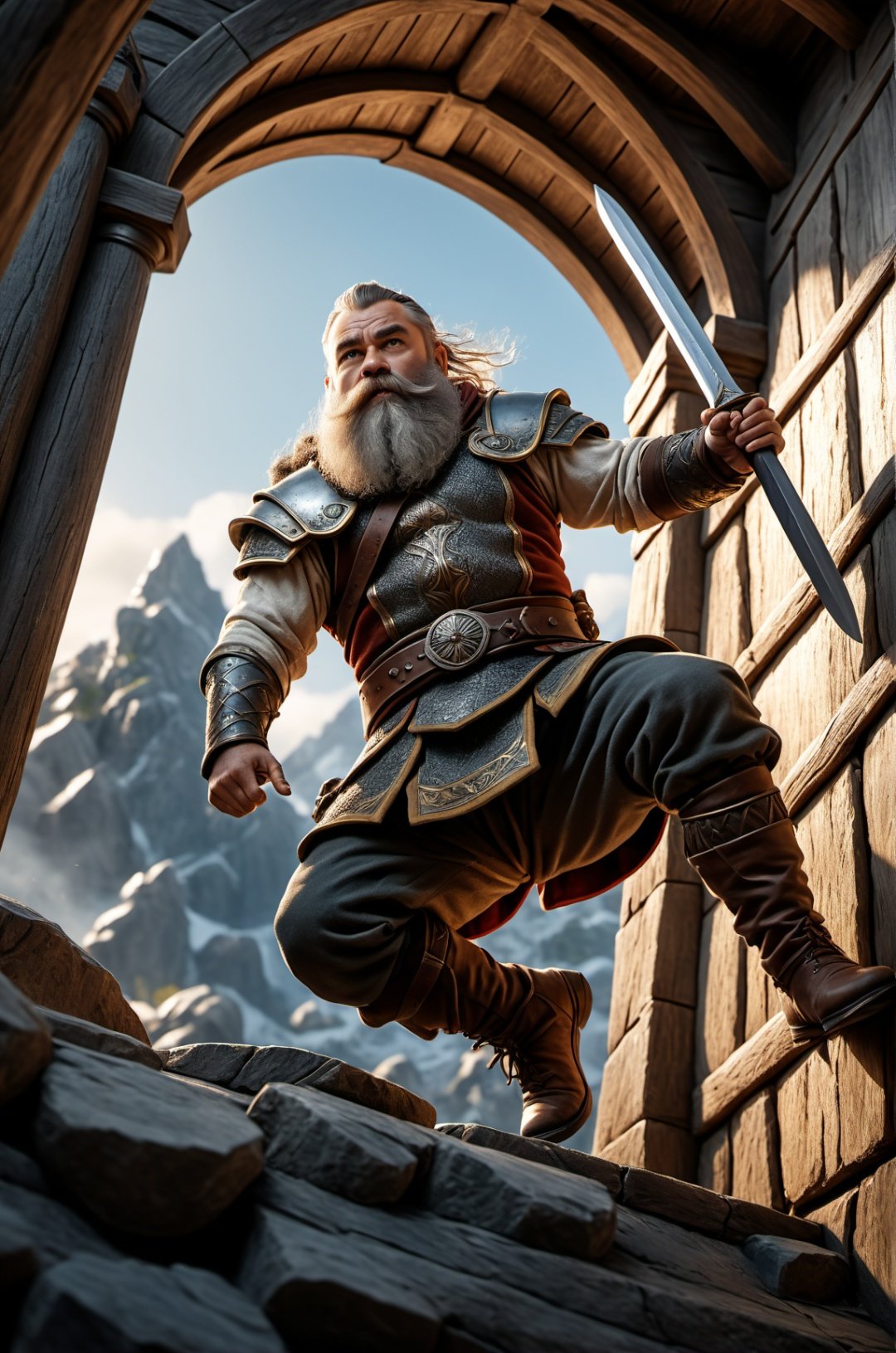 Bearded dwarves,Full-length photo, combat posture, 1boy, Surrealism, from below, Nikon, Surrealism, backlighting, backlighting, cinematic lighting, 8k, super detail, high quality, high details, UHD, award winning, textured skin, anatomically correct, UHD, retina, masterpiece, ccurate, anatomically correct, textured skin, super detail, award winning, best quality, high quality, high details, highres, 16k