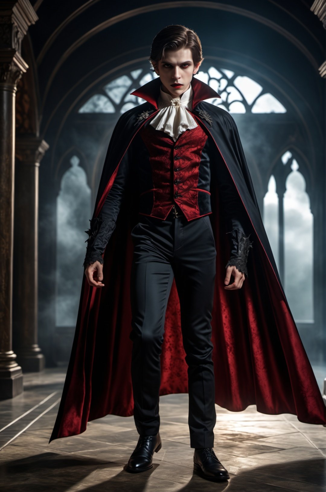 vampire ,Full-length photo, combat posture, 1boy, Surrealism, from below, Nikon, Surrealism, backlighting, backlighting, cinematic lighting, 8k, super detail, high quality, high details, UHD, award winning, textured skin, anatomically correct, UHD, retina, masterpiece, ccurate, anatomically correct, textured skin, super detail, award winning, best quality, high quality, high details, highres, 16k