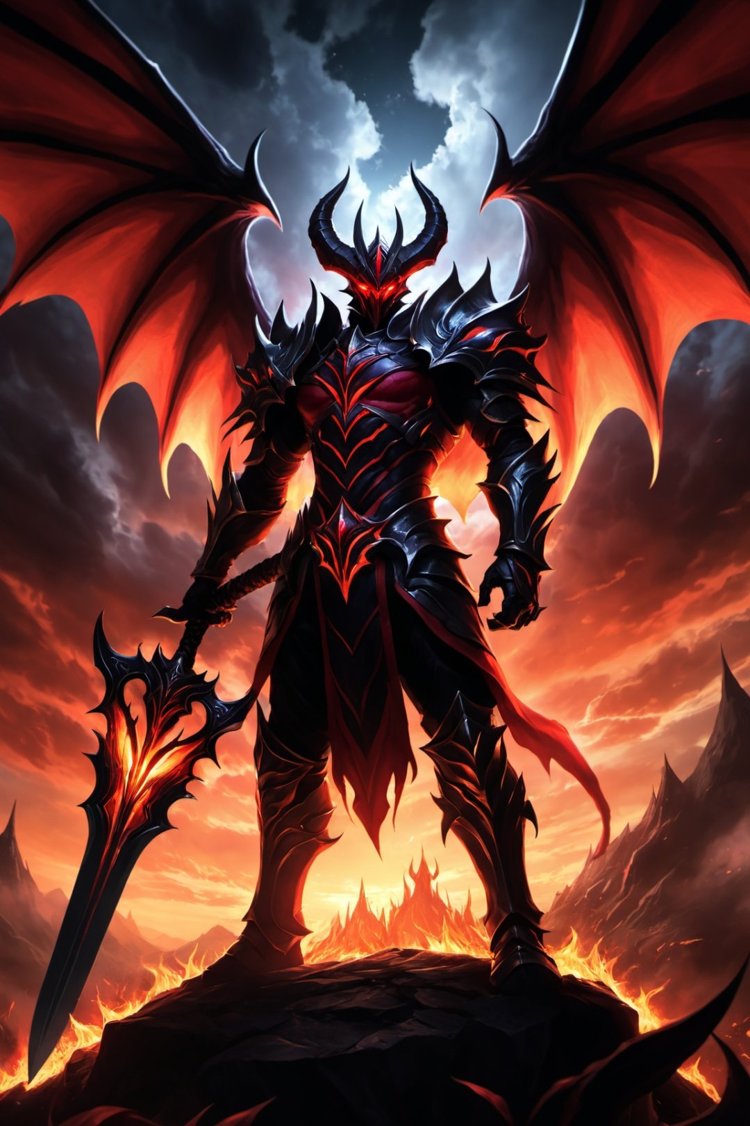  Aatrox \(league of legends\),league of legends,1boy,solo,holding sword,wings,giant wings,(flying:1.1),float,armor,glowing eyes,horns,demon,glowing,cloud,planted,demon wings,a huge sword,gauntlets,demon horns,planted sword,(scarlet sky:1.2),fire,from_below,dark,