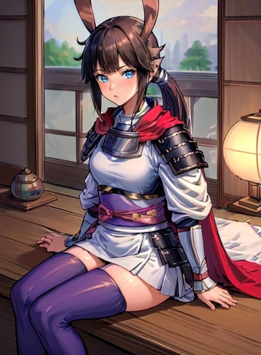 best quality, (masterpiece),(ultra-detailed), (high quality), (high resolution), <lora:heroine:0.7>,heroine, blue eyes, brown hair, long hair, ponytail, bangs, thighhighs, japanese clothes, japanese armor,cape, multicolored hair, looking at viewer, sitting,  <lora:add_detail:0.5>