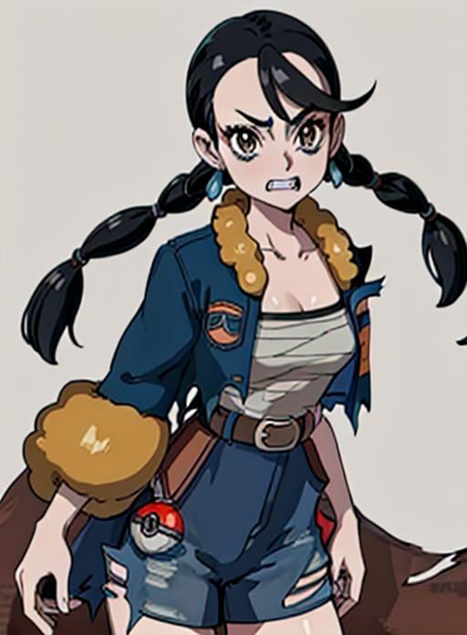 best quality, (masterpiece),(ultra-detailed), (high quality), (high resolution),  <lora:clover:0.7>,clover, 1girl, solo, long hair, black hair, holding, twintails, brown eyes, jewelry, collarbone, jacket, cowboy shot, earrings, open clothes, teeth, belt, open jacket, torn clothes, fur trim, eyelashes, clenched teeth, outline, poke ball, sarashi, hair tie,  multi-tied hair, torn jacket