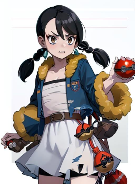 best quality, (masterpiece),(ultra-detailed), (high quality), (high resolution),  <lora:clover:0.7>,clover, 1girl, solo, long hair, black hair, holding, twintails, brown eyes, jewelry, collarbone, jacket, cowboy shot, earrings, open clothes, teeth, belt, open jacket, torn clothes, fur trim, eyelashes, clenched teeth, outline, poke ball, sarashi, hair tie, holding poke ball, multi-tied hair, torn jacket