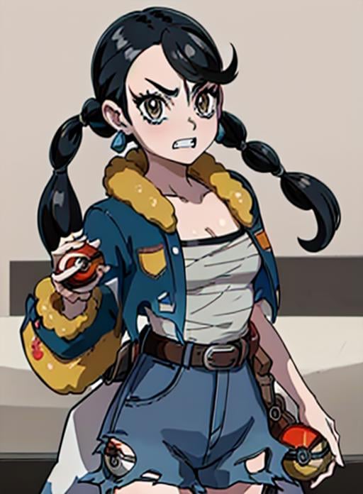 best quality, (masterpiece),(ultra-detailed), (high quality), (high resolution),  <lora:clover:0.7>,clover, 1girl, solo, long hair, black hair, holding, twintails, brown eyes, jewelry, collarbone, jacket, cowboy shot, earrings, open clothes, teeth, belt, open jacket, torn clothes, fur trim, eyelashes, clenched teeth, outline, poke ball, sarashi, hair tie, holding poke ball, multi-tied hair, torn jacket