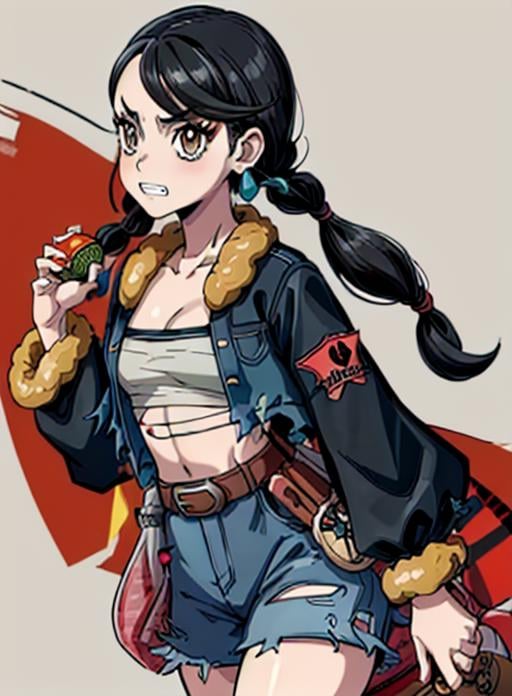 best quality, (masterpiece),(ultra-detailed), (high quality), (high resolution),  <lora:clover:0.7>,clover, 1girl, solo, long hair, black hair, holding, twintails, brown eyes, jewelry, collarbone, jacket, cowboy shot, earrings, open clothes, teeth, belt, open jacket, torn clothes, fur trim, eyelashes, clenched teeth, outline, poke ball, sarashi, hair tie,  multi-tied hair, torn jacket,<lora:add_detail:0.5> 