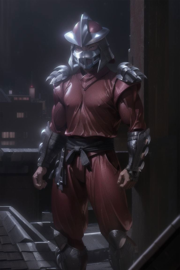 ((high resolution, masterpiece, perfect face, high quality)), realistic, perfect face, <lora:90sTMNT_Shredder:.8> Shredder, muscular build, red gi, bladed armor, helmet, (city rooftops, night time)