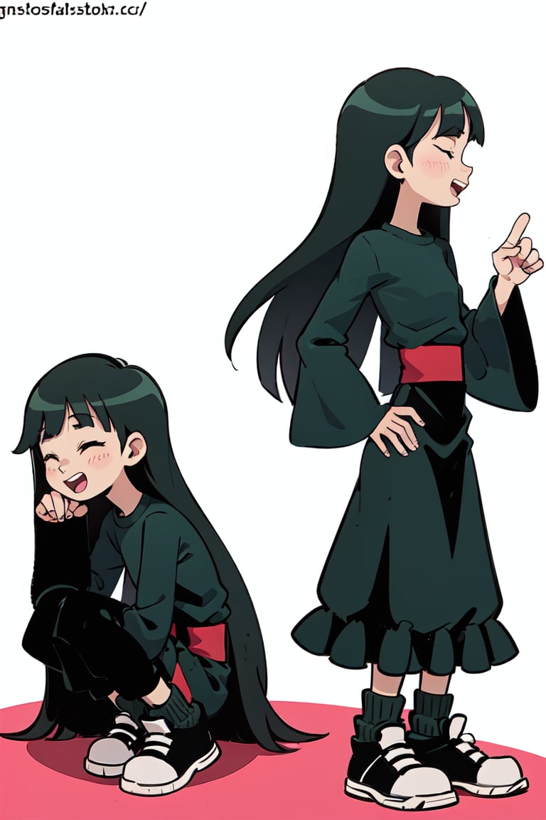 1girl, long hair, smile, open mouth, bangs, simple background, shirt, black hair, long sleeves, white background, sitting, very long hair, closed eyes, shoes, teeth, socks, blunt bangs, black eyes, sleeves past wrists, profile, multiple views, sleeves past fingers
