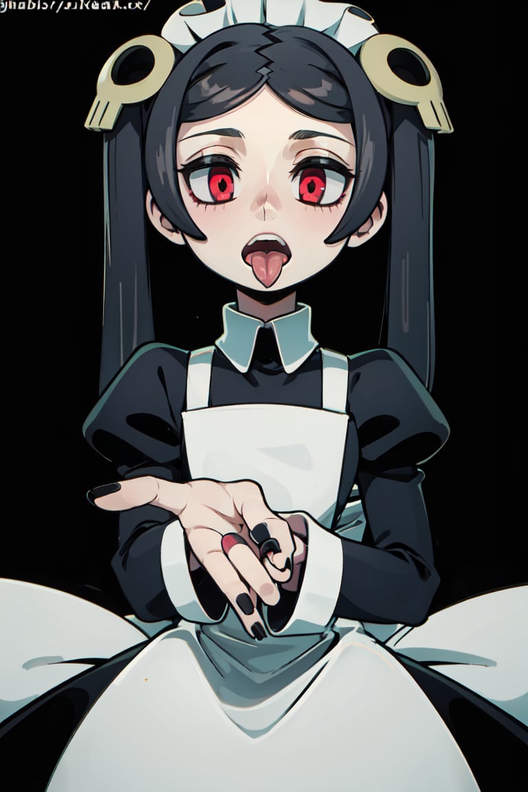 1girl, solo, looking at viewer, open mouth, simple background, hair ornament, red eyes, long sleeves, twintails, teeth, tongue, tongue out, nail polish, apron, parted bangs, maid, maid headdress, black nails, maid apron, skull hair ornament


,Skg_marie