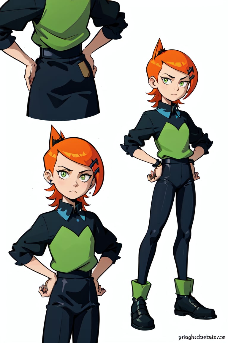 1girl, looking at viewer, short hair, simple background, hair ornament, white background, bow, animal ears, jewelry, green eyes, hand on hip, wrist cuffs, multiple views, detached collar, gwen, ben10, orange_hair, green-eyes