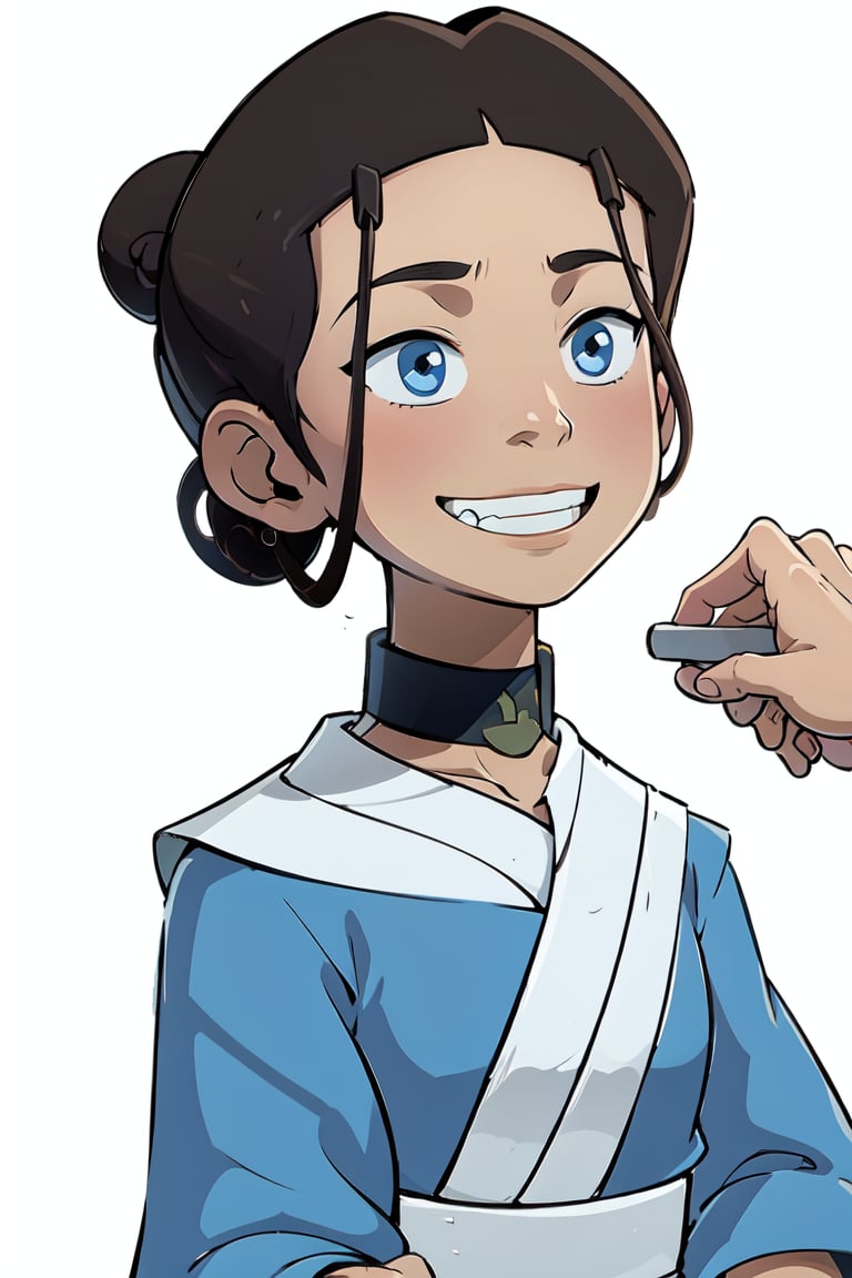 1girl, smile, bangs, black hair, white background, hair between eyes, hairband, hair bun, chinese clothes, blind, avatar, ((katara))

