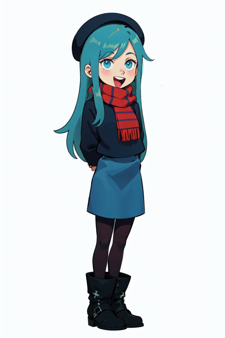 1girl, solo, long hair, smile, open mouth, blue eyes, skirt, simple background, hat, white background, blue hair, full body, pantyhose, boots, scarf, blue skirt, black pantyhose, black headwear, beret, arms behind back, red footwear, hilda