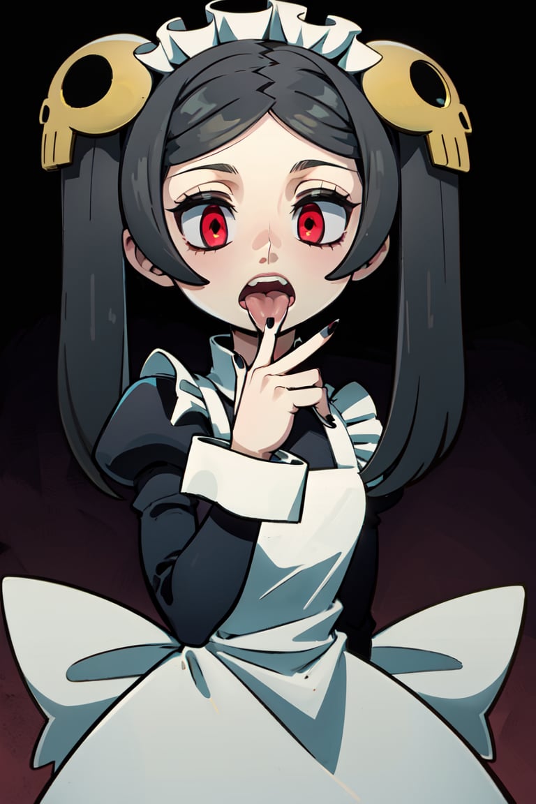 1girl, solo, looking at viewer, open mouth, simple background, hair ornament, red eyes, long sleeves, twintails, teeth, tongue, tongue out, nail polish, apron, parted bangs, maid, maid headdress, black nails, maid apron, skull hair ornament


,Skg_marie