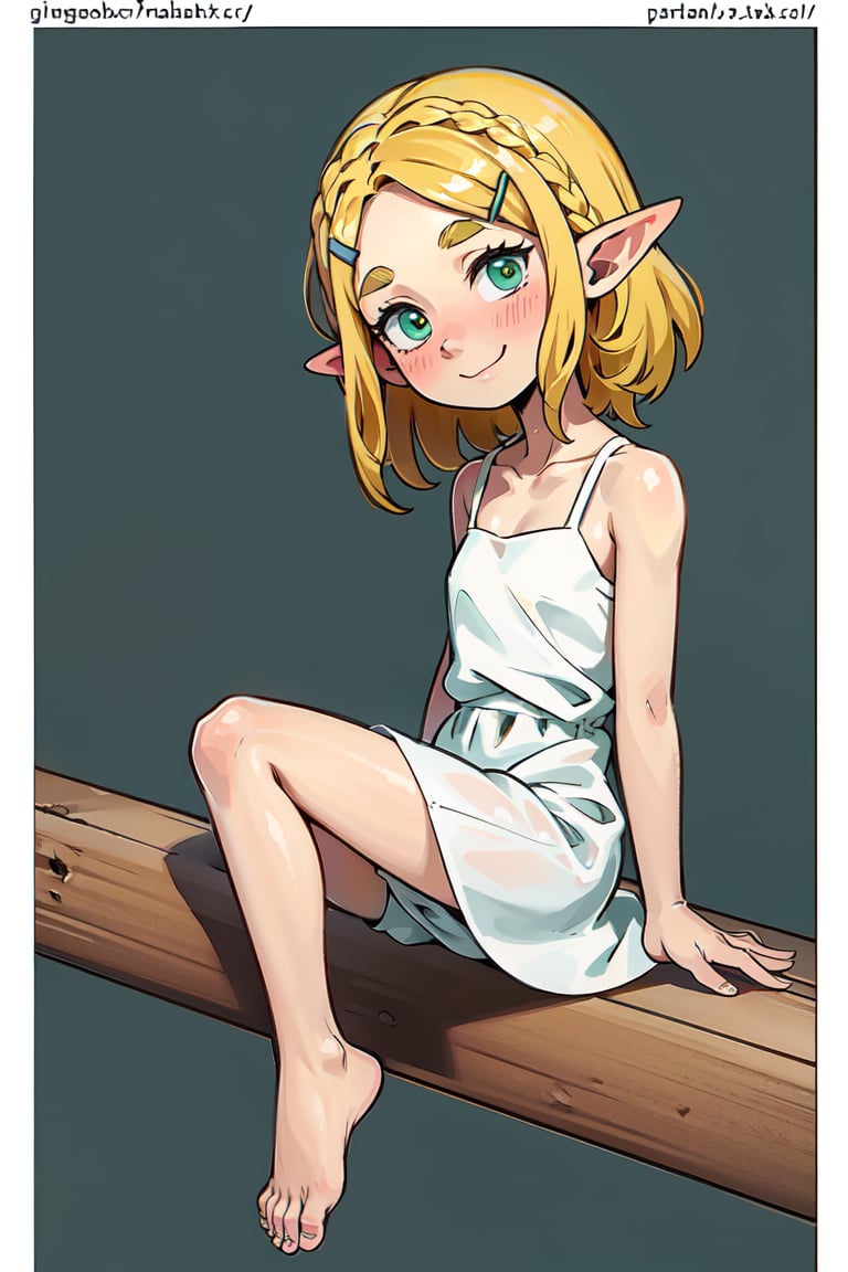 1girl, solo, blush, smile, short hair, blonde hair, hair ornament, dress, sitting, closed mouth, green eyes, full body, braid, barefoot, pointy ears, hairclip, white dress, feet, parted bangs, toes, thick eyebrows, aged down, child, white border, female child, fairy
