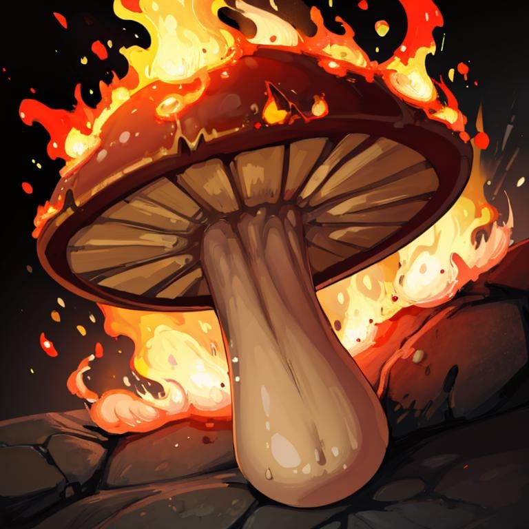 masterpiece, best quality, <lora:FantasyIcons_Mushrooms:0.8>, mushroom, fire,