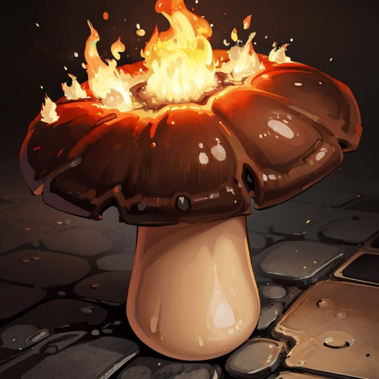 masterpiece, best quality, <lora:FantasyIcons_Mushrooms:0.8>, mushroom, fire,