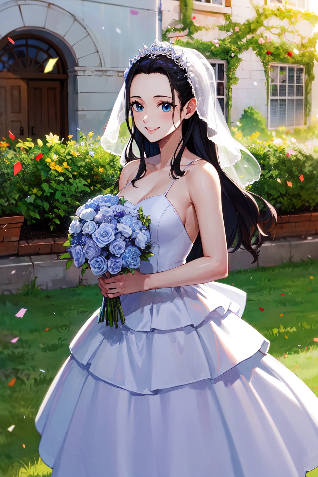 masterpiece, best quality, highres, nico robin, long hair, black hair, hair slicked back, blue eyes, <lora:nico_robin_v1:0.7>, wedding dress, white dress, holding bouquet, smile, garden, confetti, cowboy shot, 