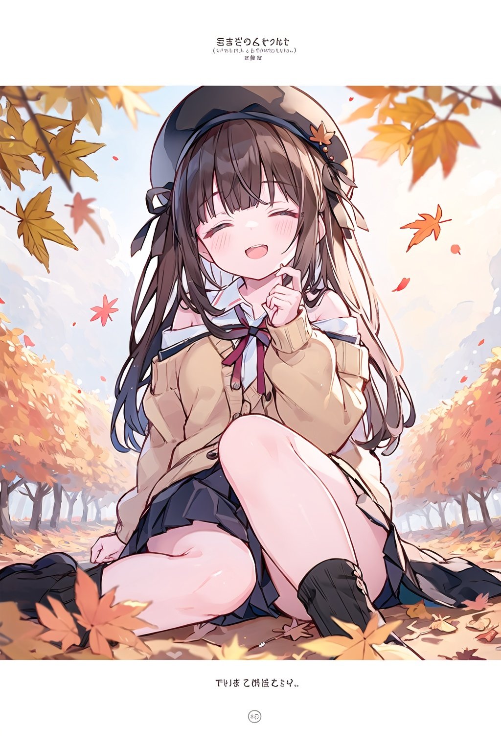 1girl, smile, pleated skirt,solo, long hair, off shoulder, brown eyes, autumn leaves,open mouth, (puffy long sleeves), beret, brown hair, puffy sleeves, open cardigan, autumn, hair ribbon, maple leaves, outdoors,falling leaves,(from below,wide shot,panorama,depth of field,full body,mid shot,English text),(hand on chests),sitting,half closed eyes,tilt