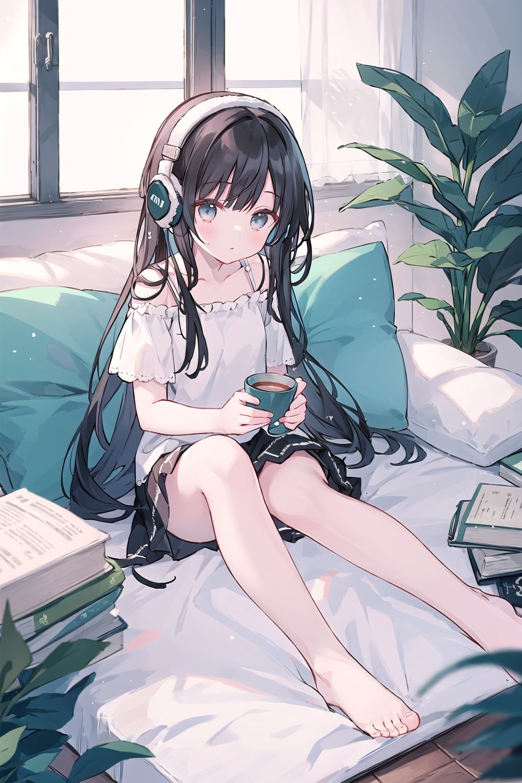 extremely delicate and beautiful, depth of field, amazing, masterpiece, growth, visual impact, ultra-detailed, 1girl, long_hair, window, book, pillow, barefoot, solo, plant, very_long_hair, indoors, potted_plant, headphones, cup, gorgeous, fantasism, nature, refined rendering, original, contour deepening, high-key and low-variance brightness scale, soft light, light and dark interlaced