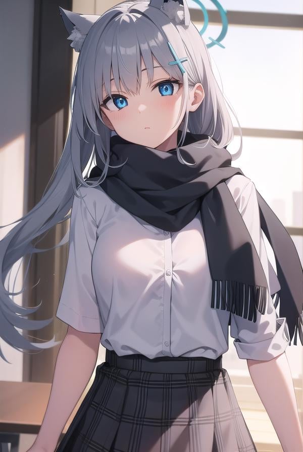 bluearchiveshiroko, <lyco:shiroko-lyco-nochekaiser:1>, shiroko, animal ears, blue eyes, grey hair, hair ornament, hairpin, halo, medium hair, wolf ears,BREAK checkered clothes, checkered skirt, school uniform, skirt, scarf,BREAK looking at viewer, BREAK indoors, classroom,BREAK <lyco:GoodHands-beta2:1>, (masterpiece:1.2), best quality, high resolution, unity 8k wallpaper, (illustration:0.8), (beautiful detailed eyes:1.6), extremely detailed face, perfect lighting, extremely detailed CG, (perfect hands, perfect anatomy),