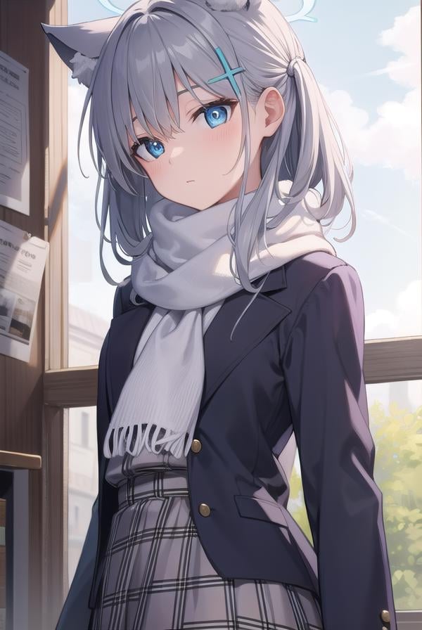 bluearchiveshiroko, <lyco:shiroko-lyco-nochekaiser:1>, shiroko, animal ears, blue eyes, grey hair, hair ornament, hairpin, halo, medium hair, wolf ears,BREAK checkered clothes, checkered skirt, school uniform, skirt, scarf,BREAK looking at viewer, BREAK indoors, classroom,BREAK <lyco:GoodHands-beta2:1>, (masterpiece:1.2), best quality, high resolution, unity 8k wallpaper, (illustration:0.8), (beautiful detailed eyes:1.6), extremely detailed face, perfect lighting, extremely detailed CG, (perfect hands, perfect anatomy),