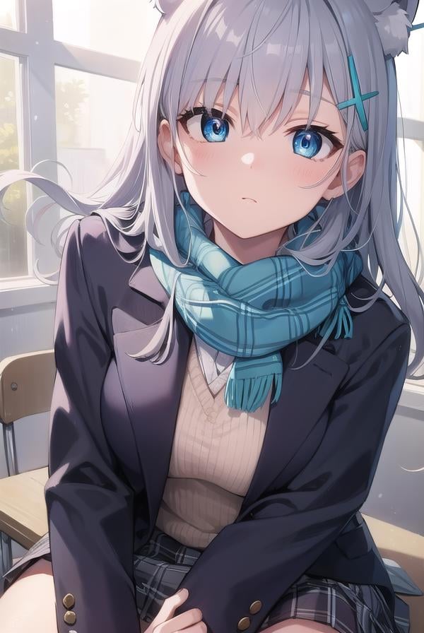 bluearchiveshiroko, <lyco:shiroko-lyco-nochekaiser:1>, shiroko, animal ears, blue eyes, grey hair, hair ornament, hairpin, halo, medium hair, wolf ears,BREAK checkered clothes, checkered skirt, school uniform, skirt, scarf,BREAK looking at viewer, BREAK indoors, classroom,BREAK <lyco:GoodHands-beta2:1>, (masterpiece:1.2), best quality, high resolution, unity 8k wallpaper, (illustration:0.8), (beautiful detailed eyes:1.6), extremely detailed face, perfect lighting, extremely detailed CG, (perfect hands, perfect anatomy),