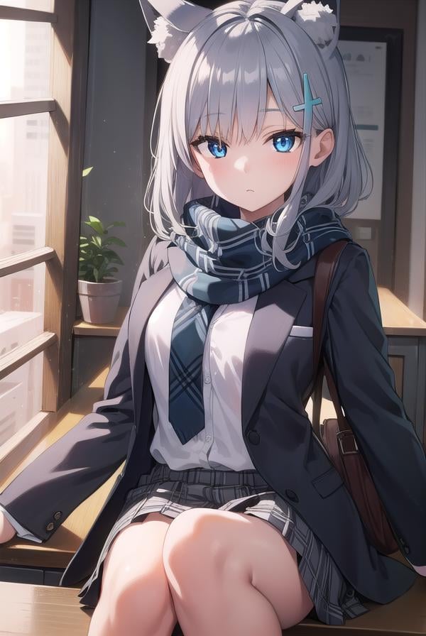 bluearchiveshiroko, <lyco:shiroko-lyco-nochekaiser:1>, shiroko, animal ears, blue eyes, grey hair, hair ornament, hairpin, halo, medium hair, wolf ears,BREAK checkered clothes, checkered skirt, school uniform, skirt, scarf,BREAK looking at viewer, BREAK indoors, classroom,BREAK <lyco:GoodHands-beta2:1>, (masterpiece:1.2), best quality, high resolution, unity 8k wallpaper, (illustration:0.8), (beautiful detailed eyes:1.6), extremely detailed face, perfect lighting, extremely detailed CG, (perfect hands, perfect anatomy),