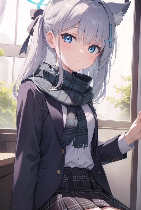 bluearchiveshiroko, <lyco:shiroko-lyco-nochekaiser:1>, shiroko, animal ears, blue eyes, grey hair, hair ornament, hairpin, halo, medium hair, wolf ears,BREAK checkered clothes, checkered skirt, school uniform, skirt, scarf,BREAK looking at viewer, BREAK indoors, classroom,BREAK <lyco:GoodHands-beta2:1>, (masterpiece:1.2), best quality, high resolution, unity 8k wallpaper, (illustration:0.8), (beautiful detailed eyes:1.6), extremely detailed face, perfect lighting, extremely detailed CG, (perfect hands, perfect anatomy),