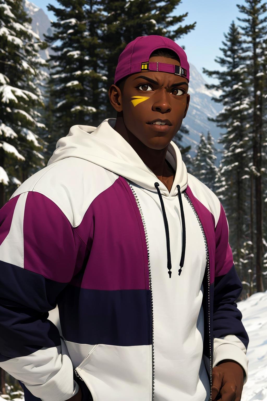 (masterpiece,  best quality:1.2),  solo,  LuckyGlauber,  1guy,  backward hat,  jacket,  hoodie,  shirt,  medium shot,  hands on hips,  at the mountain,  pine tree,  snow,  smirk:1.4,  (yellow facepaint),  masterpiece,  perfect face,  perfect picture,  detailed eyes,  sharp focus, High detailed view, dark skin, High detailed,<lora:EMS-88300-EMS:1.000000>