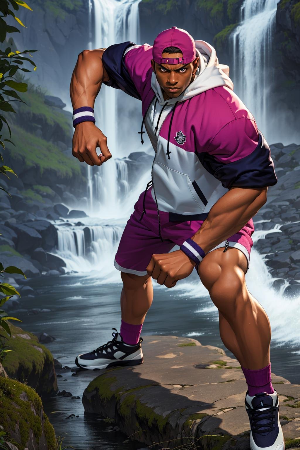 (masterpiece,  best quality:1.2),  solo,  LuckyGlauber,  1guy,  backward hat,  jacket,  hoodie,  shirt,  bermuda pants,  socks,  neakers,  full body,  fighting stance,  at the waterfall,  masterpiece,  perfect face,  perfect picture,  detailed eyes,  sharp focus, High detailed view, dark skin, High detailed,<lora:EMS-88300-EMS:1.000000>