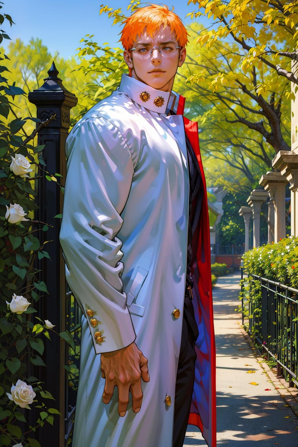 (masterpiece,  best quality:1.2),  solo,  KyosykeRV,  1guy,  white suit,  labcoat,  sweater,  glasses,  pants,  sneakers,  romantic picture,  garden of roses,  perfect picture,  detailed eyes,  sharp focus, High detailed view, dark skin, High detailed , best quality,<lora:EMS-91197-EMS:1.000000>