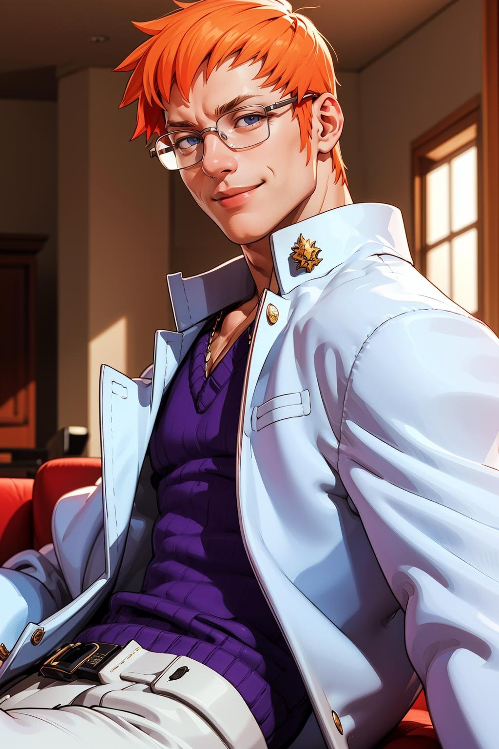 (masterpiece,  best quality:1.2),  solo,  KyosykeRV,  1guy,  white suit,  labcoat,  purple sweater,  smiling,  glasses,  white pants,  on his couch,  perfect face,  perfect picture,  detailed eyes,  sharp focus, High detailed view, High detailed , best quality, 1boy,<lora:EMS-91197-EMS:0.950000>