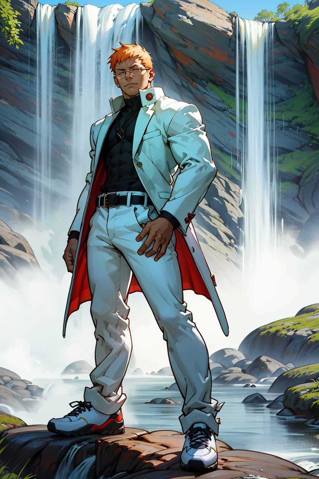 (masterpiece,  best quality:1.2),  solo,  KyosykeRV,  1guy,  white suit,  labcoat,  sweater,  glasses,  white pants,  belt,  sneakers,  full body,  closed first,  fighting stance,  at the waterfall,  masterpiece,  perfect face,  perfect picture,  detailed eyes,  sharp focus, High detailed view, dark skin, High detailed,<lora:EMS-91197-EMS:1.000000>