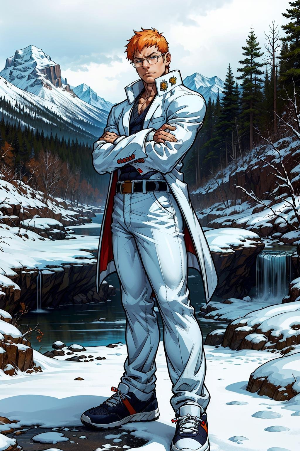 (masterpiece,  best quality:1.2),  solo,  KyosykeRV,  1guy,  white suit,  labcoat,  sweater,  glasses,  white pants,  belt,  sneakers,  full body,  crossed arms,  at the waterfall,  mountain,  snow,  pinetress,  perfect face,  perfect picture,  detailed eyes,  sharp focus, High detailed view, dark skin, High detailed,<lora:EMS-91197-EMS:1.000000>