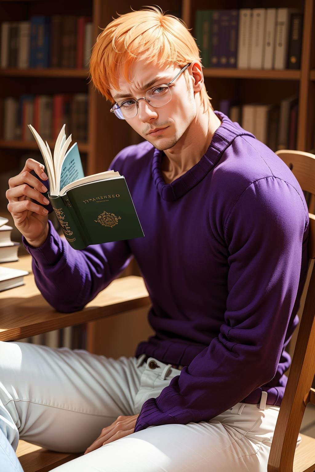 (masterpiece,  best quality:1.2),  solo,  KyosykeRV,  1guy,  ((purple sweater)),  glasses,  white pants,  reading a book at the library, , sitting    perfect face,  perfect picture,  detailed eyes,  sharp focus, High detailed view, High detailed , best quality, 1boy, Fantasy,<lora:EMS-91197-EMS:0.950000>