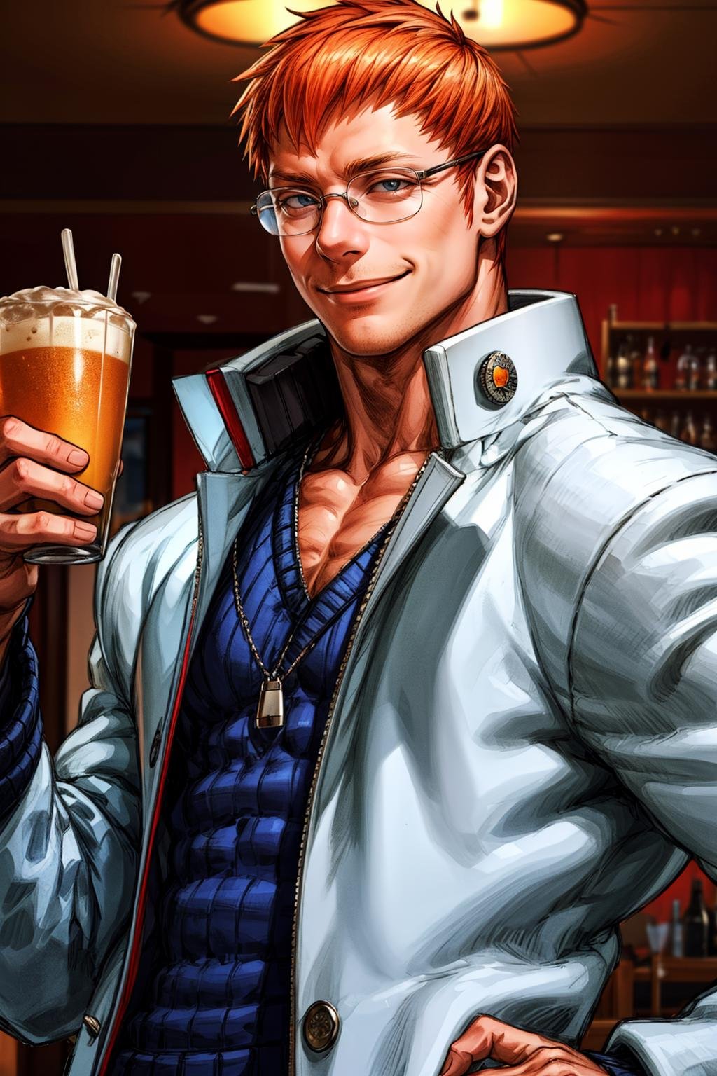 (masterpiece,  best quality:1.2),  solo,  KyosykeRV,  1guy,  young man, white suit,  labcoat,  sweater,  glasses,  at the pub,  medium shot,  smiling,  perfect picture,  detailed eyes,  sharp focus, High detailed view, High detailed , best quality,<lora:EMS-91197-EMS:1.000000>