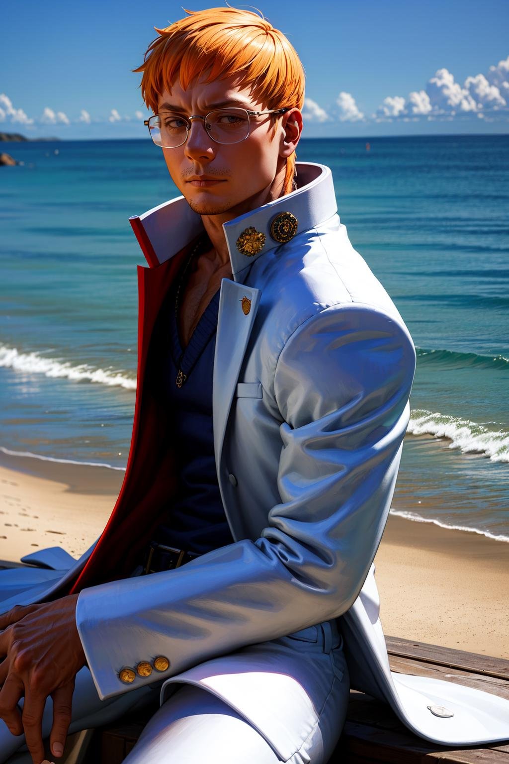 (masterpiece,  best quality:1.2),  solo,  KyosykeRV,  1guy,  white suit,  labcoat,  sweater,  glasses,  white pants,  sitting,  at the beach,  perfect face,  perfect picture,  detailed eyes,  sharp focus, High detailed view, dark skin, High detailed , best quality,<lora:EMS-91197-EMS:0.950000>