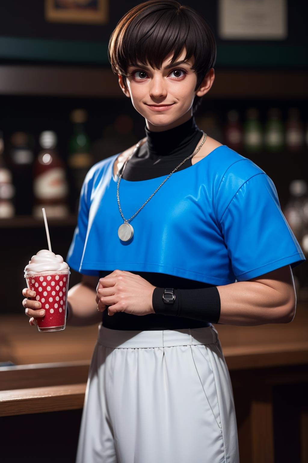 (masterpiece,  best quality:1.2),  solo,  ChrisKOF,  1boy,  blue croptop,  medallion,  white pants,  socks,  medium shot,  bracelets,  black turtleneck shirt,  at the pub,  holding strawberry milk shake,  smirk:1.4,  masterpiece,  perfect face,  perfect picture,  detailed eyes,  sharp focus, High detailed view, , High detailed,<lora:EMS-88453-EMS:1.000000>