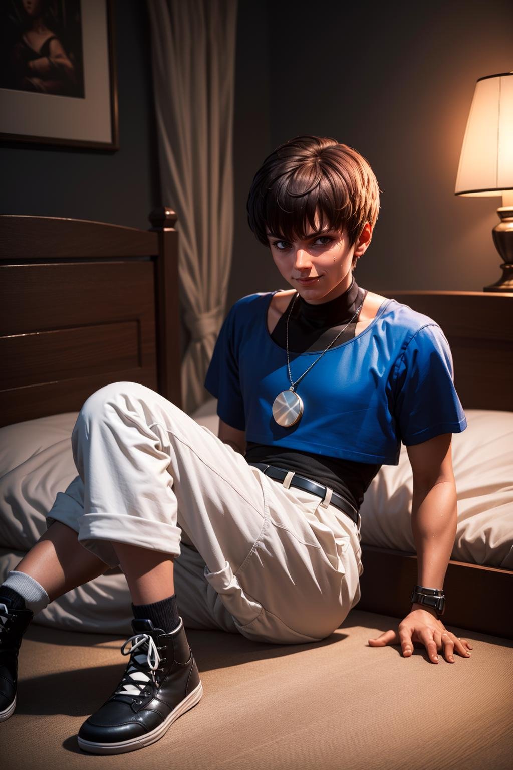 (masterpiece,  best quality:1.2),  solo,  man,  ChrisKOF,  1boy,  blue croptop,  medallion,  white pants,  socks,  boots,  bracelets,  full body,  teenager,  black turtleneck shirt,  sweaty skin,  seducing,  hands behind head,  at the bed,  lying on bed,  bulge:1.5,  night,  basket shorts,  socks,  smirk,  masterpiece,  perfect face,  perfect picture,  detailed eyes,  sharp focus, High detailed view, dark skin, High detailed , best quality, Fantasy,<lora:EMS-88453-EMS:0.970000>