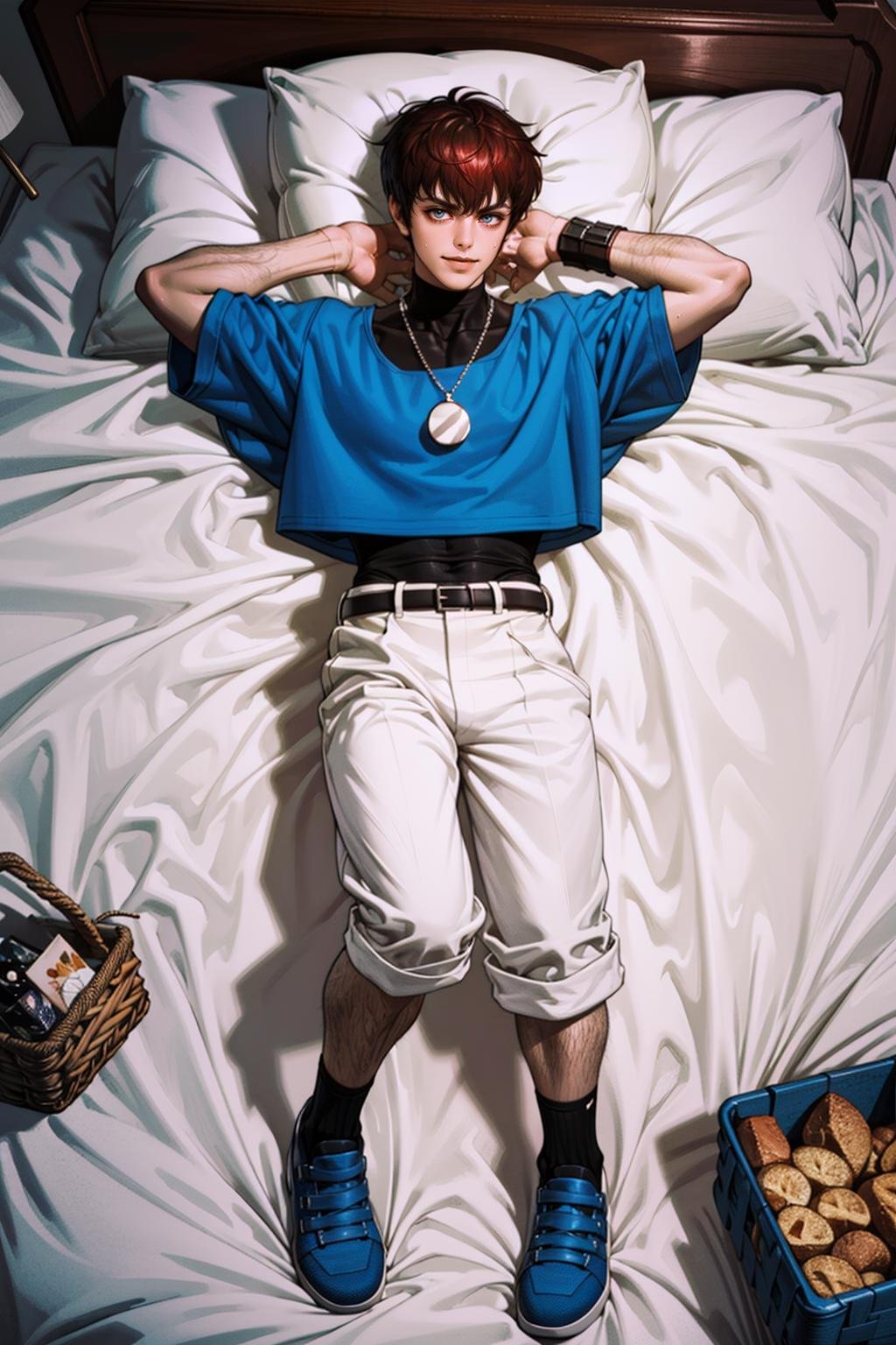 (masterpiece,  best quality:1.2),  solo,  man,  ChrisKOF,  1boy,  blue croptop,  medallion,  white pants,  socks,  boots,  bracelets,  full body,  teenager,  black turtleneck shirt,  sweaty skin,  seducing,  hands behind head,  at the bed,  lying on bed,  bulge:1.5,  night,  basket shorts,  socks,  smirk,  masterpiece,  perfect face,  perfect picture,  detailed eyes,  sharp focus, High detailed view, dark skin, High detailed , best quality,<lora:EMS-88453-EMS:1.000000>