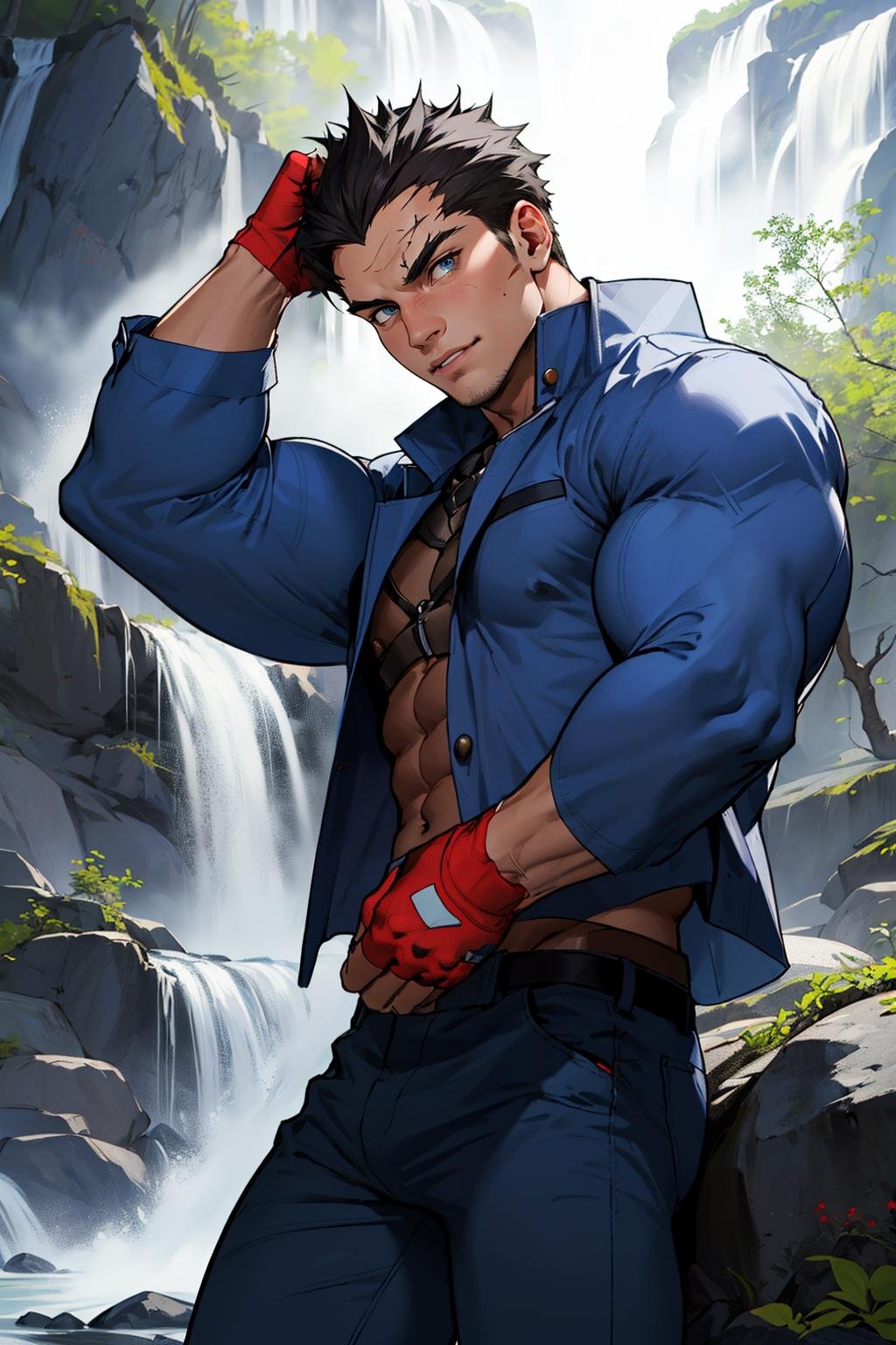 (masterpiece,  best quality:1.2),  BatsuRSPJ,  1guy,  blue jacket,  ,  scar:0.8,  blue pants,  fingerless gloves,  spiked hair,  cowboy shot,  flexing,  at the waterfall,  looking to viewer,  natural lighting,  detailed face,  detailed eyes,  masterpiece,  high_res,  perfect face,  ,  High detailed,<lora:EMS-92366-EMS:0.880000>