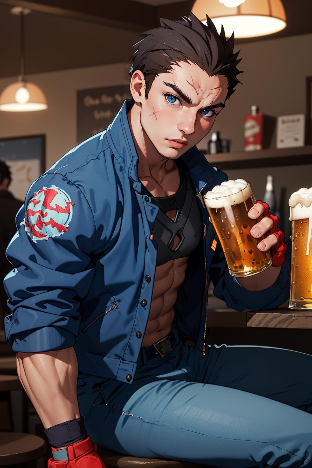 (masterpiece,  best quality:1.2),  BatsuRSPJ,  1guy,  blue jacket,  buttoned jacket,  scar:0.9,  blue pants,  fingerless gloves,  spiked hair,  medium shot,  sitting,  holding beer pint,  at the pub,  cinematic lighting,  detailed face,  detailed eyes,  masterpiece,  high_res,  perfect face,  ,  High detailed,<lora:EMS-92366-EMS:0.880000>