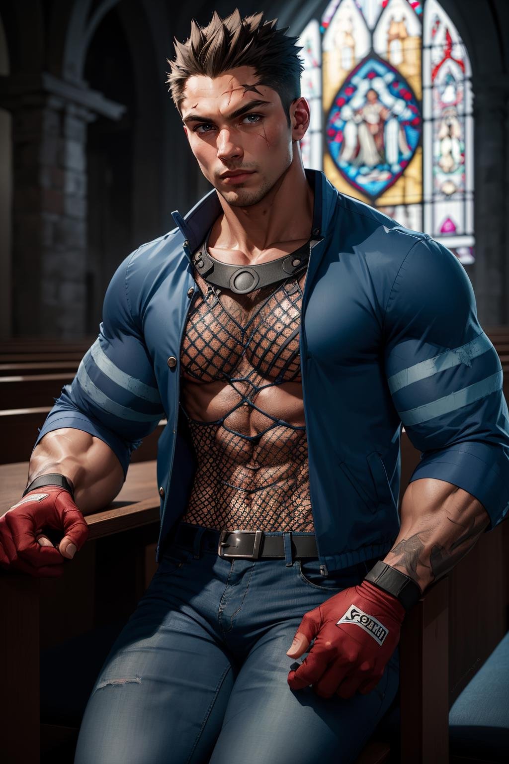 (masterpiece,  best quality:1.2),  BatsuRSPJ,  1guy,  blue jacket,  scar:0.8,  blue pants,  shirt collar,  fishnet top,  fingerless gloves,  spiked hair,  sitting,  on the church,  cinematic lighting,  detailed face,  detailed eyes,  masterpiece,  high_res,  perfect face,  ,  High detailed,<lora:EMS-92366-EMS:0.940000>