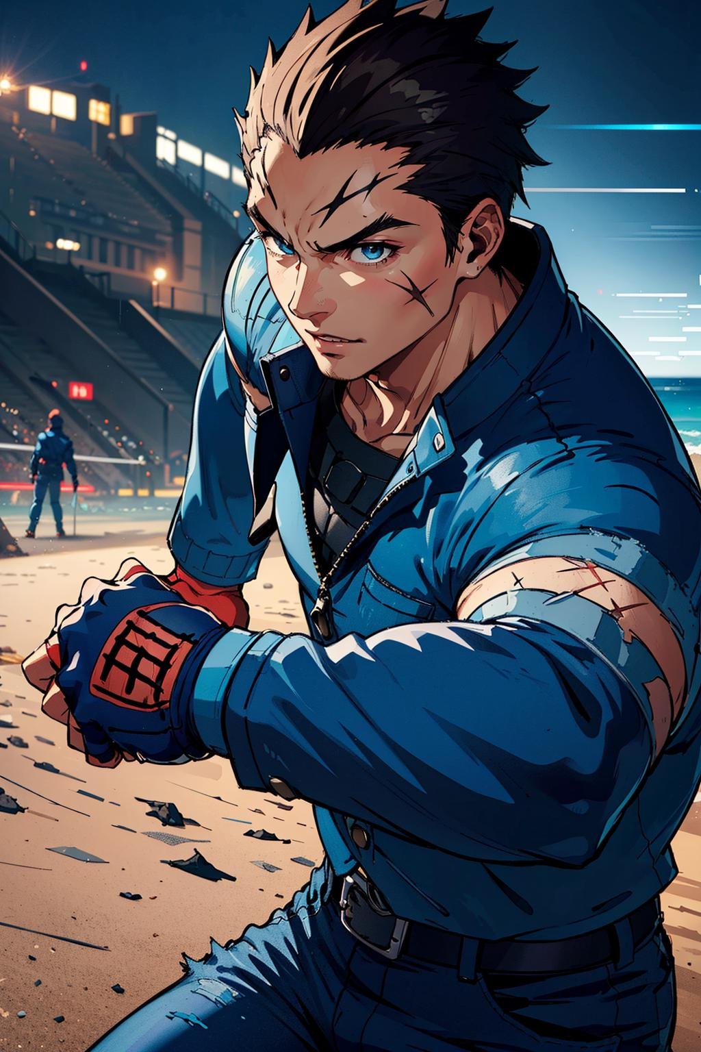 (masterpiece,  best quality:1.2),  BatsuRSPJ,  1guy,  blue jacket,  ,  scar:0.8,  blue pants,  fingerless gloves,  spiked hair,  fighting stance,  on the beach,  cinematic lighting,  detailed face,  detailed eyes,  masterpiece,  high_res,  perfect face,  ,  High detailed,<lora:EMS-92366-EMS:0.880000>