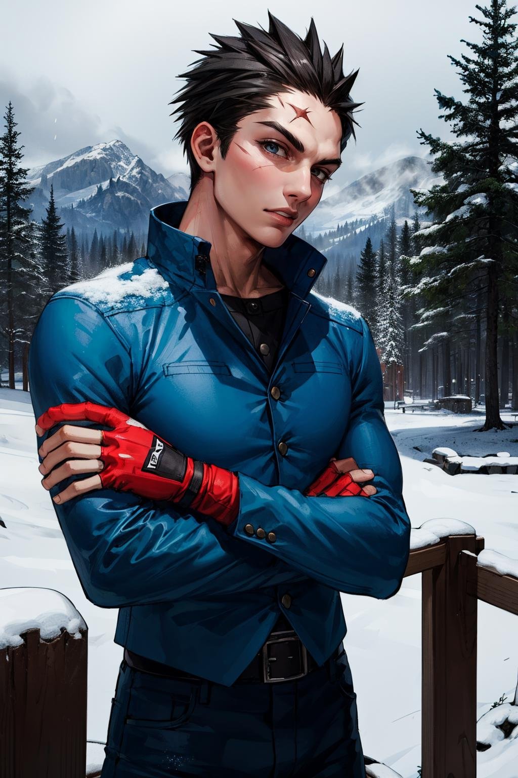 (masterpiece,  best quality:1.2),  BatsuRSPJ,  1guy,  blue jacket,  buttoned jacket,  scar:0.9,  blue pants,  fingerless gloves,  spiked hair,  medium shot,  crossed arms,  snow,  pine tree,  moutains,  looking to viewer,  natural lighting,  detailed face,  detailed eyes,  masterpiece,  high_res,  perfect face,  ,  High detailed,<lora:EMS-92366-EMS:0.900000>