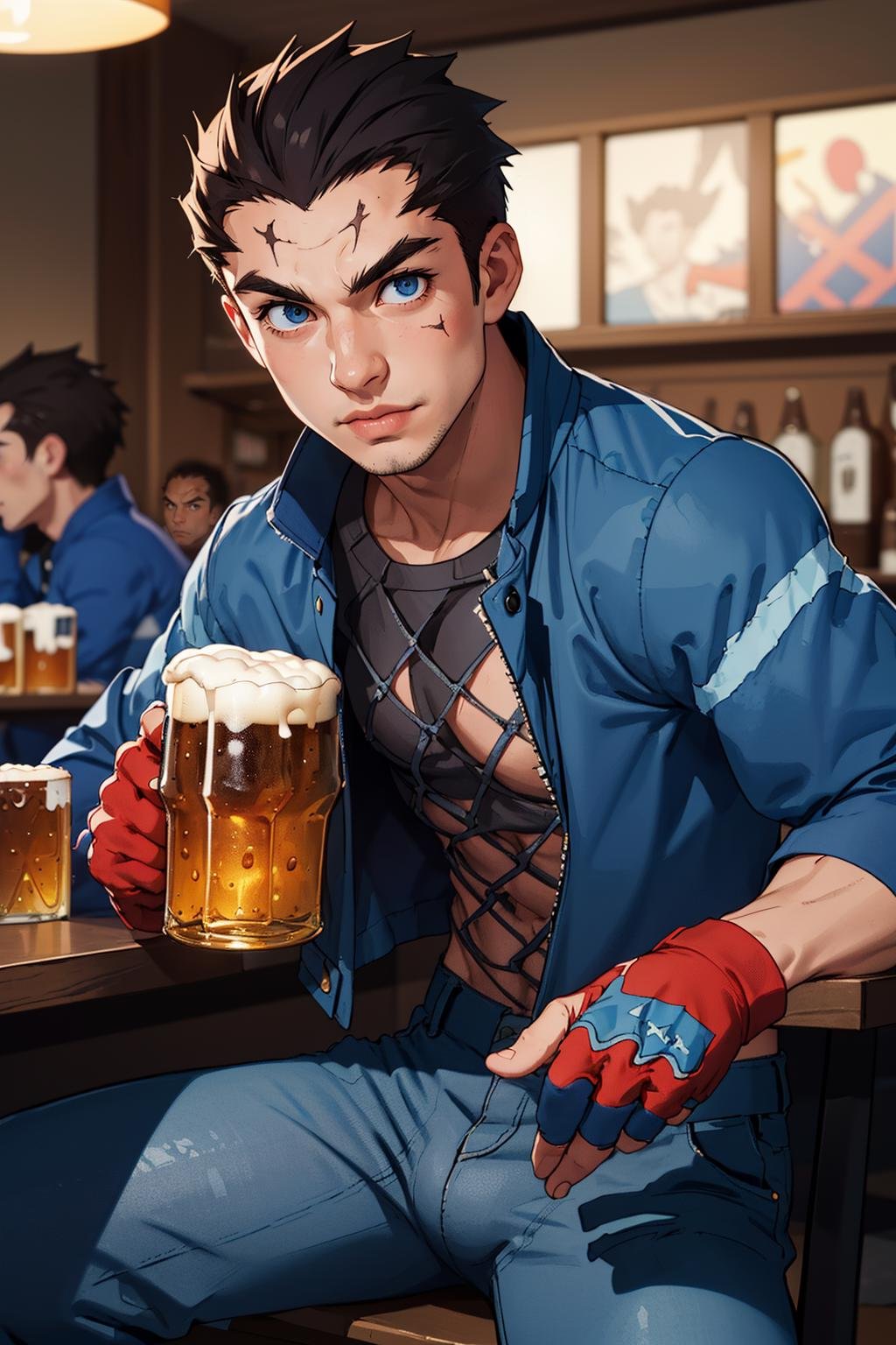 (masterpiece,  best quality:1.2),  BatsuRSPJ,  1guy,  blue jacket,  fishnet top,  scar:0.9,  blue pants,  fingerless gloves,  spiked hair,  medium shot,  sitting,  holding beer pint,  at the pub,  cinematic lighting,  detailed face,  detailed eyes,  masterpiece,  high_res,  perfect face,  ,  High detailed,<lora:EMS-92366-EMS:0.880000>