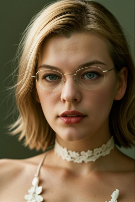 glasses, Sharp Focus, wo_millajov01, her expression is sexy with parted lips, blonde hair, (close-up:0.8), low key lighting, shot on Lumix GH5, cinematic bokeh, lace choker, (simple background:1.2), teasing, detailed skin
,<lora:659111690174031528:1.0>