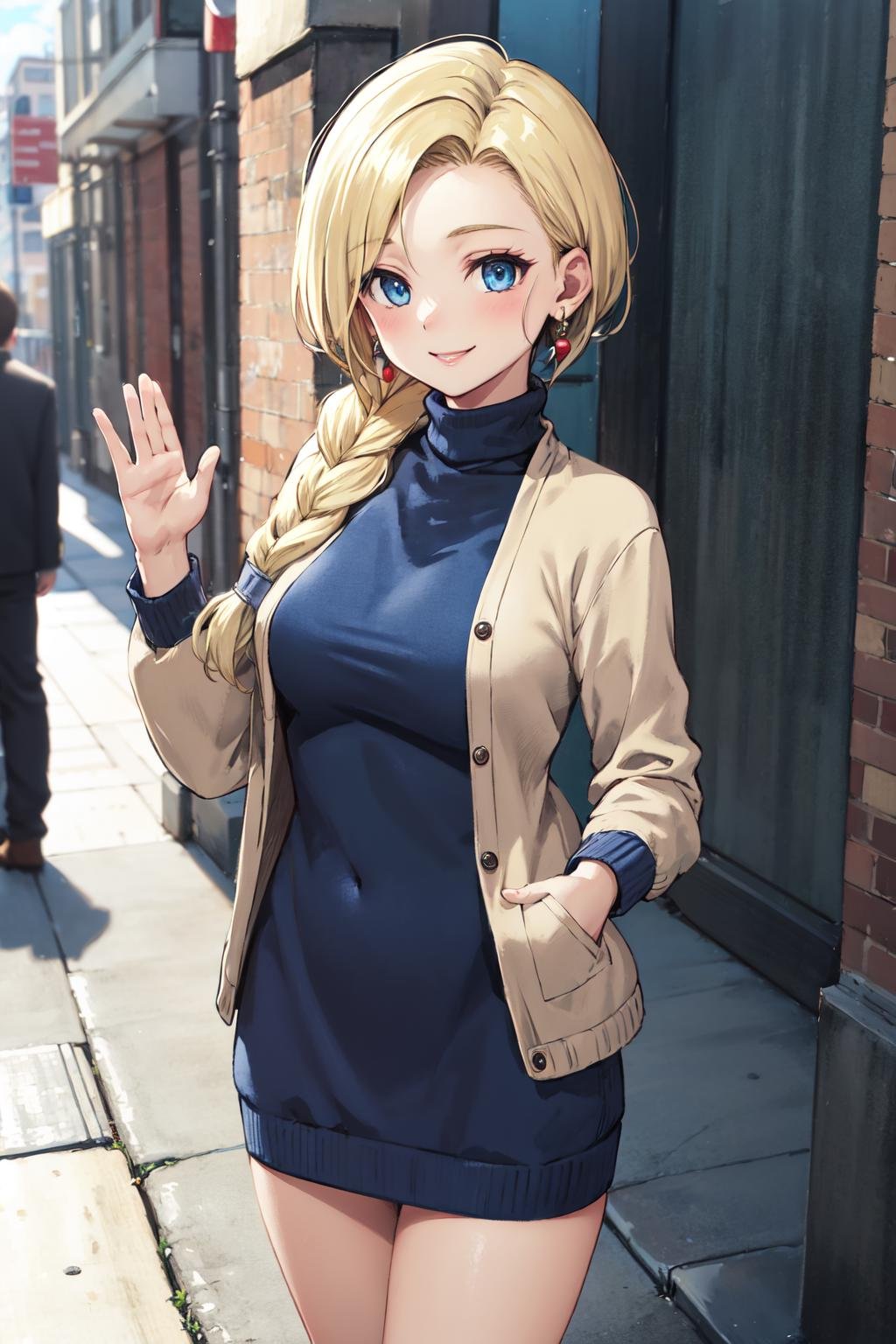 masterpiece,best quality,highres,ultra-detailed,bianca \(dq5\),blue eyes,long hair,single braid,earrings,<lora:bianca:0.7>,jacket,(sweater dress:1.2),(turtleneck:1.2),street,smile,standing,waving,