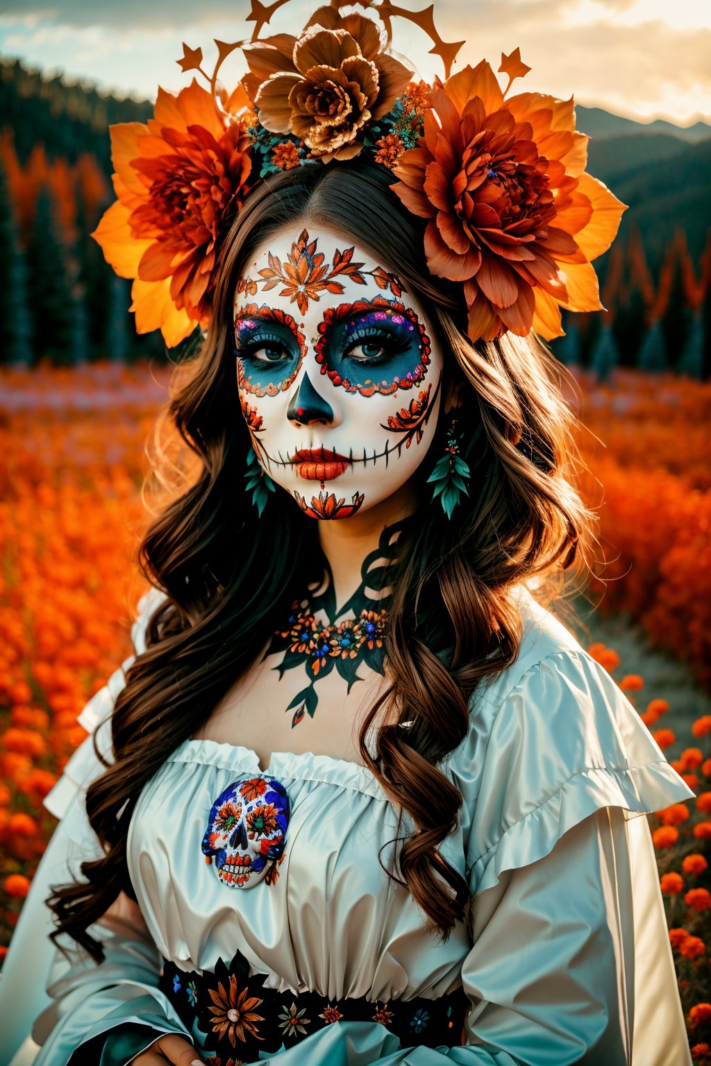 <lora:Katrina Makeup ReTRaiNeD_v2:1> Light Chestnut hair girl in ktrmkp  face paint, Enchanted Forest Clearings, Wide Shot Capturing Vast Landscape