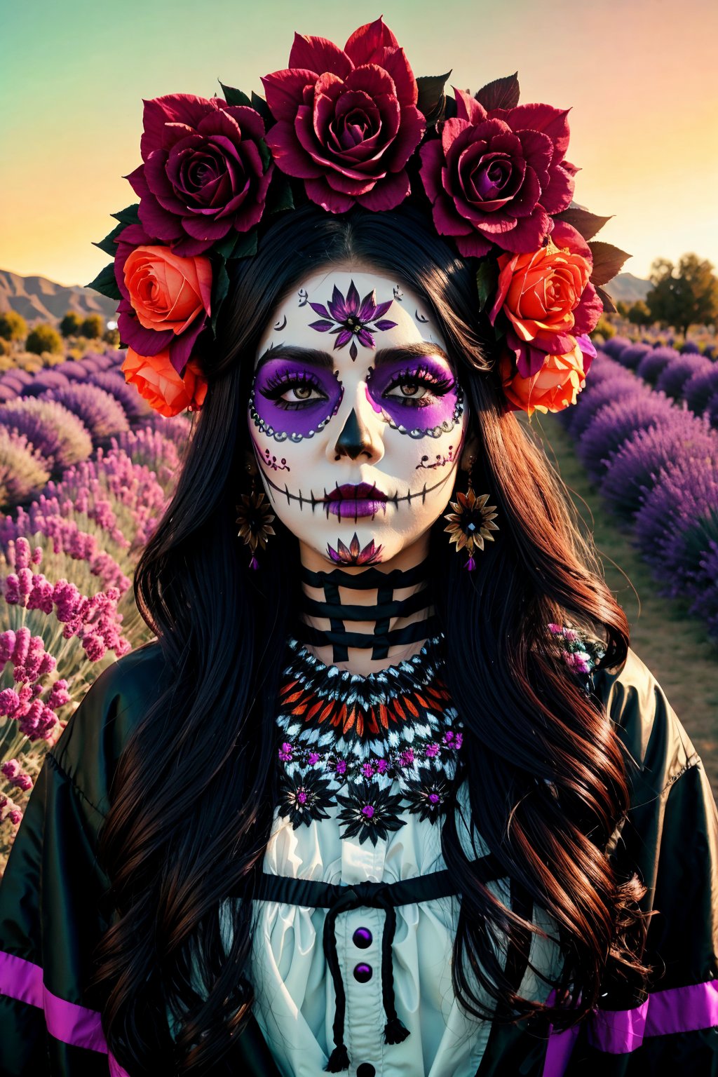 <lora:Katrina Makeup ReTRaiNeD_v2:1> Brunette hair female in ktrmkp  face paint, Sunset over Lavender Fields, Infrared Camera Night Vision