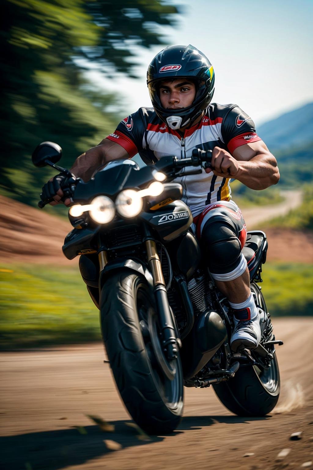 (solo, male, action shot), photograph of a 25 year old colombian man, riding a motorbike, (sharp focus, sports photography, depth of field, motion blur),