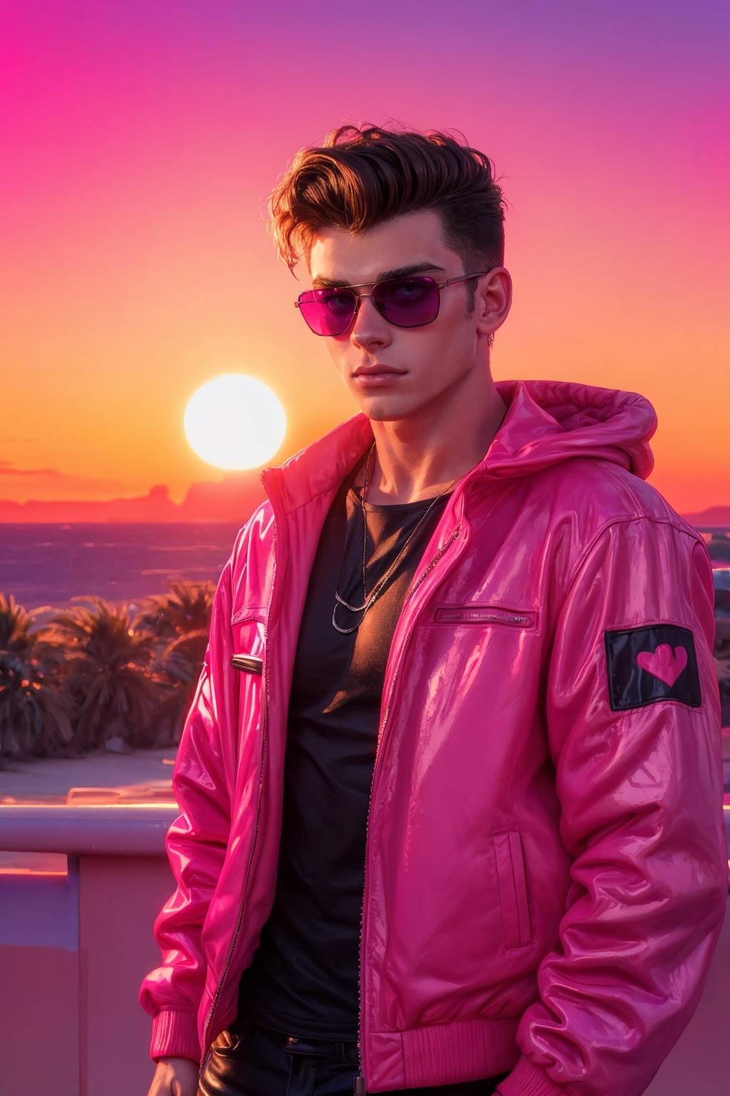 (solo, male), synthwave album cover featuring, a 25yo male, wearing a hot pink jacket, sunglasses, sunset, dreamlike,